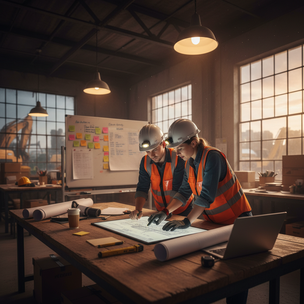 Engineers reviewing utility drawings in a project site office