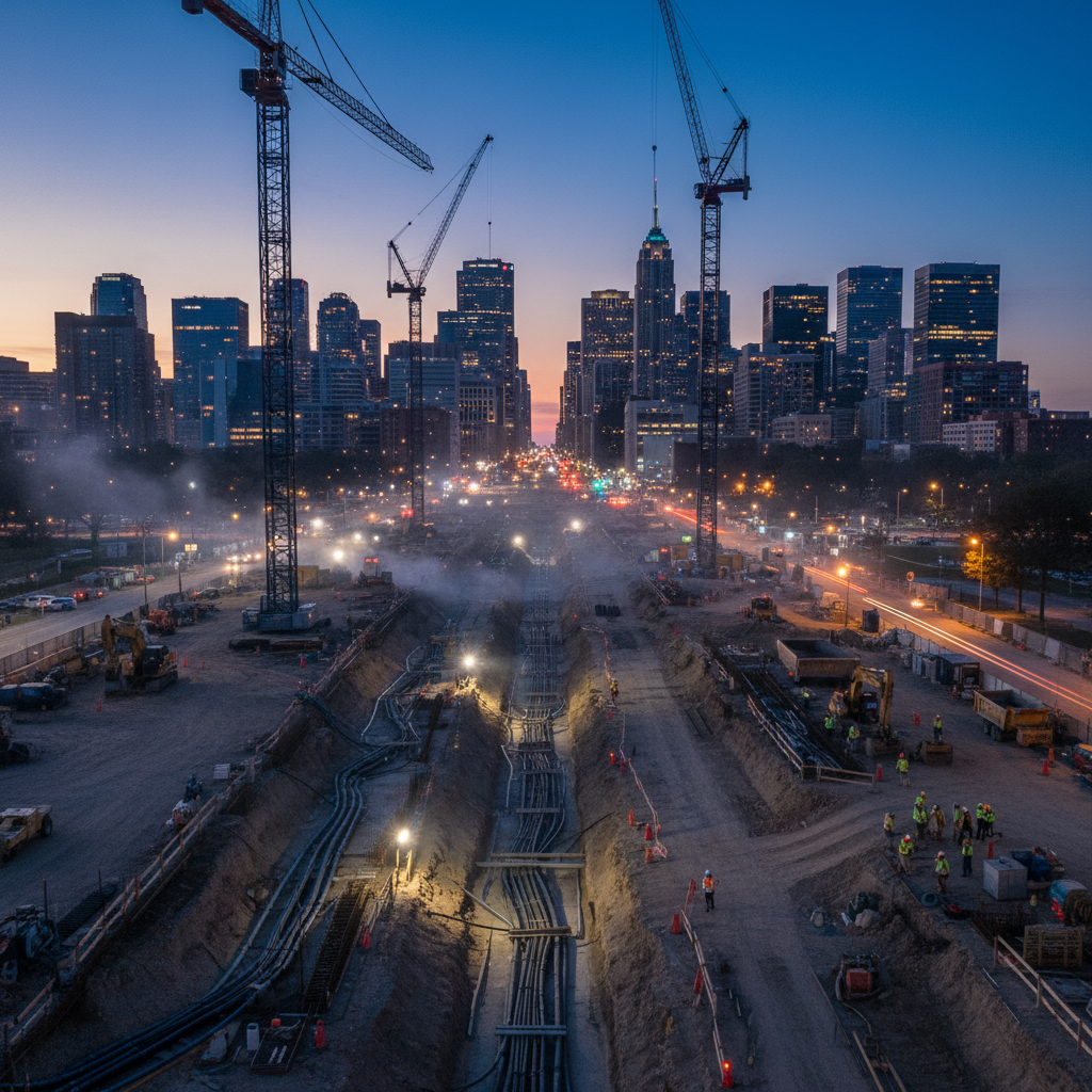 Aerial dusk view of an urban transit construction corridor with cranes and downtown skyline