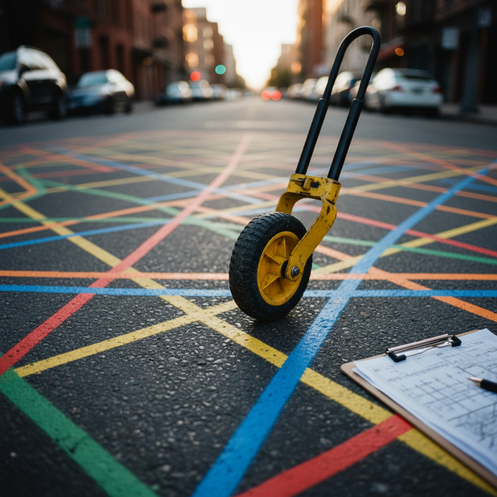 Utility-locate paint markings on a downtown street with a GPR survey wheel
