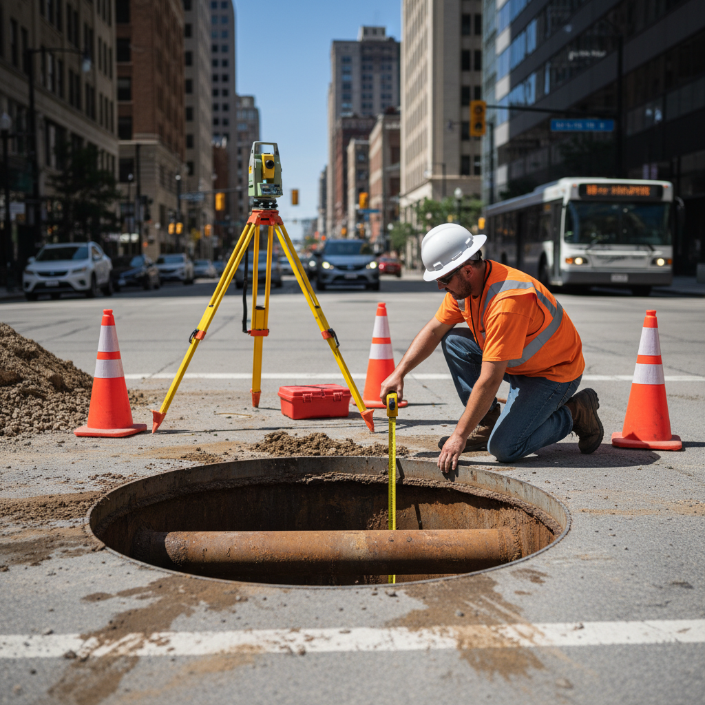 Surveyor at a hydrovac excavation pit measuring an exposed utility
